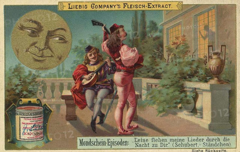 Picture series Moonlight Episodes, Leise flehen meine Lieder durch die Nacht zu dir, Liebig picture, digitally restored reproduction of a collector's picture from around 1900, public domain, exact date unknown, Two musicians playing on a balcony by moonlight