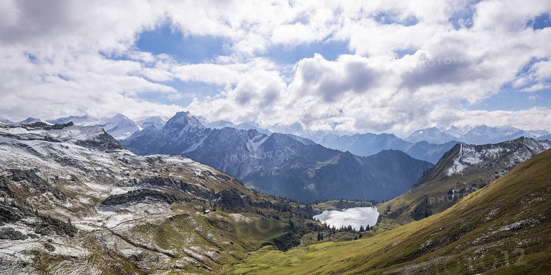 Panorama from Zeigersattel to Seealpsee, in the back left Höfats 2259m, Allgäu Alps, Allgäu, Bavaria, Germany, Europe
