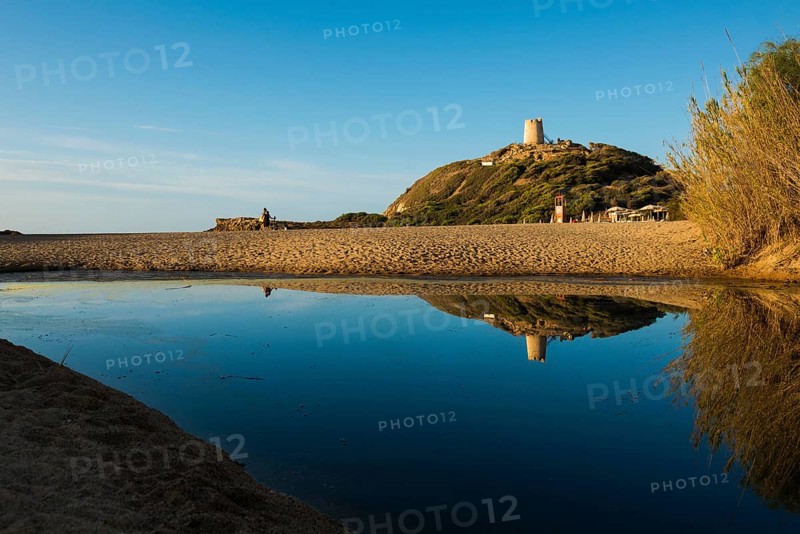 Sandy beach beach and blue sea, sunrise, Spiaggia di Su Portu, Torre di Chia, Chia, south coast, Sardinia, Italy, Europe