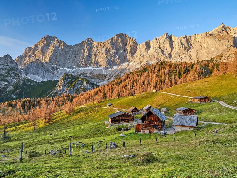 Neustattalm am Dachstein, alpine pasture, Dachstein, Dachstein mountains, Dachstein south face, blue sky, Ramsau am Dachstein, Styria, Austria, Europe