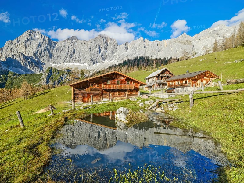 Neustattalm am Dachstein, alpine pasture, Dachstein, Dachstein mountains, Dachstein south face, blue sky, reflection, autumn, Ramsau am Dachstein, Styria, Austria, Europe