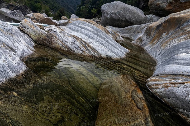 Rocks, rock structures, Verzasca River, near Lavertezzo, Verzasca Valley, Valle Verzasca, Canton Ticino, Switzerland, Europe