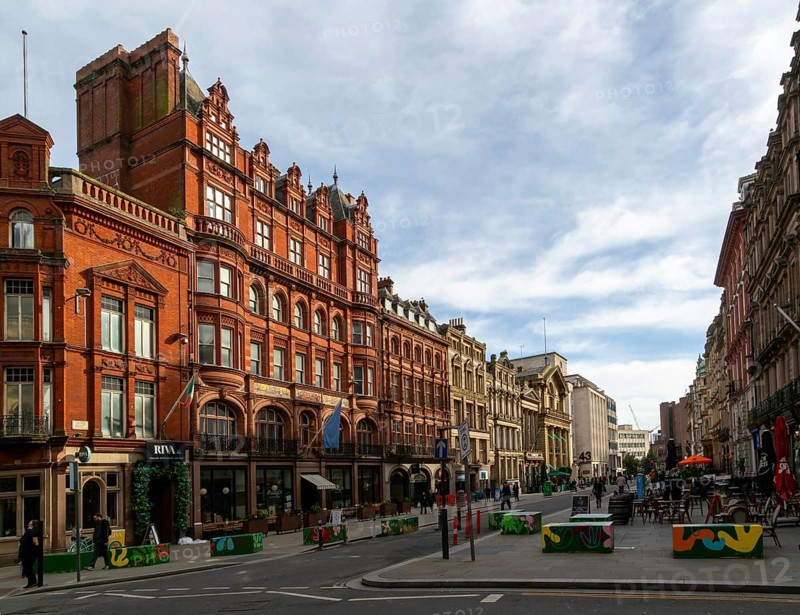Listed number 1 Castle Street on left built as a bank, city centre of Liverpool, England, UK 1880s architect E. Salomons
