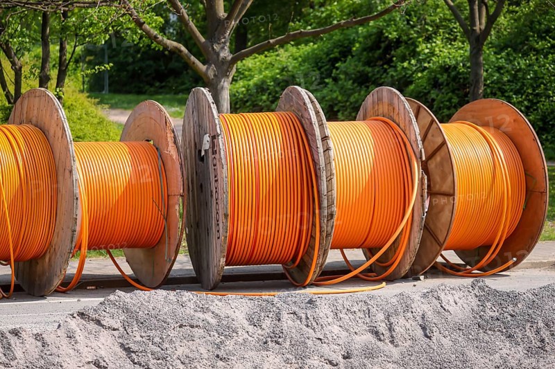 Duisburg, North Rhine-Westphalia, Germany, Internet broadband expansion, construction site for laying fibre optic cable, cable drum with fibre optic cable, new construction of fibre optic routes, fast Internet, DSL cable connection for households, Europe