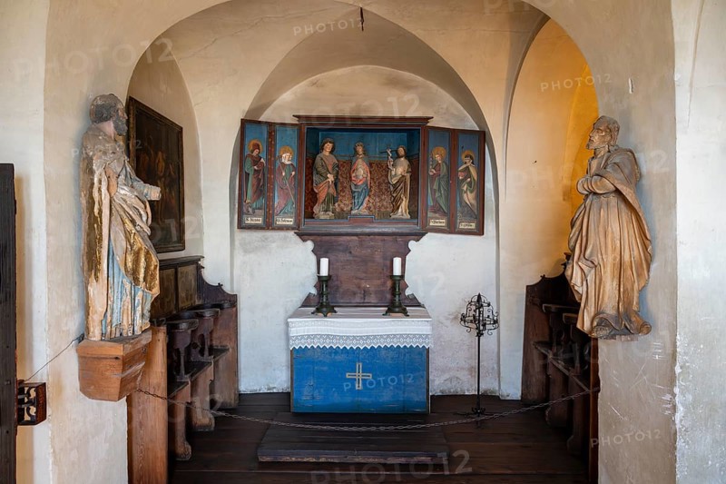 The medieval castle chapel with Gothic winged altar in the historic Meersburg Castle, museum, place of interest, Lake Constance, Lake Constance district, Baden-Württemberg, Germany, Europe
