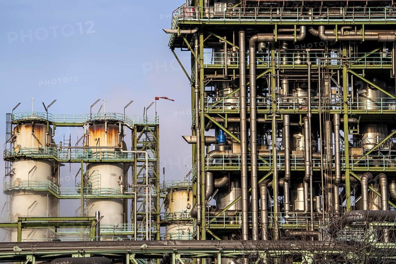 The chemical plants on the white side of the Schwelgern coking plant, which supplies over 2.5 million tonnes of coke to Thyssenkrupp Steel's Schwelgern blast furnace plant on the Rhine, is considered the most modern coking plant in the world with the world's largest coke oven batteries, Duisburg North Rhine-Westphalia, Germany, Europe