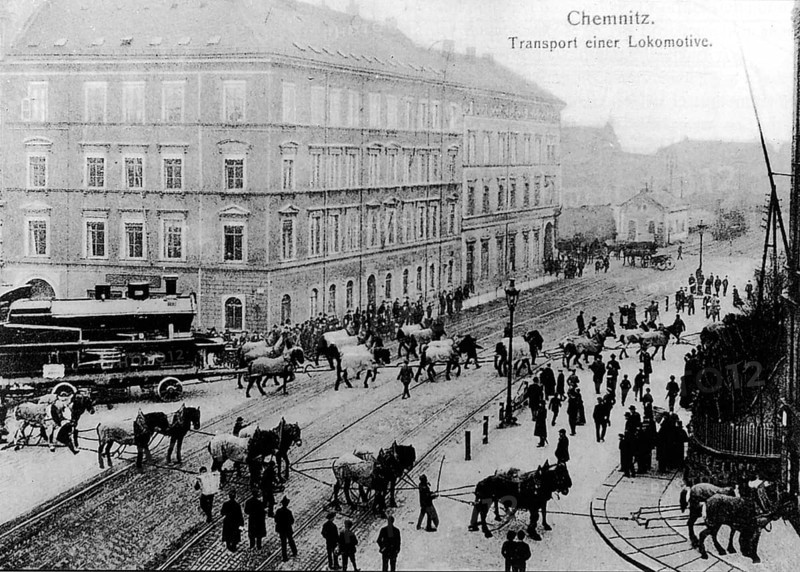 Transport of a locomotive, Sächsische XV Nr.175 con der Sächsischen Maschinenfabrik, ca 1900, Chemnitz, Saxony, Germany, digitally enhanced reproduction from a historical original, ca 1900, public domain, Europe