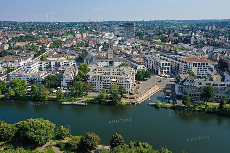 Mülheim an der Ruhr, North Rhine-Westphalia, Germany - city overview Mülheim an der Ruhr, in front the MüGa-Park, behind the city centre with residential buildings, commercial buildings, the new marina and the town hall tower