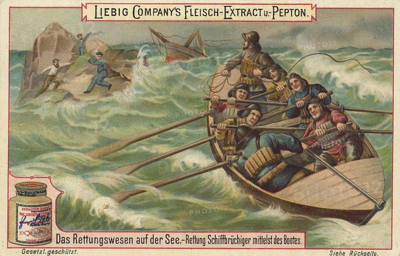 Picture series The rescue system at sea, Rescue of shipwrecked persons by boat, Liebig picture, digitally restored reproduction of a collector's picture from around 1900, public domain, exact date unknown, A lifeboat navigates through stormy seas to a shipwreck