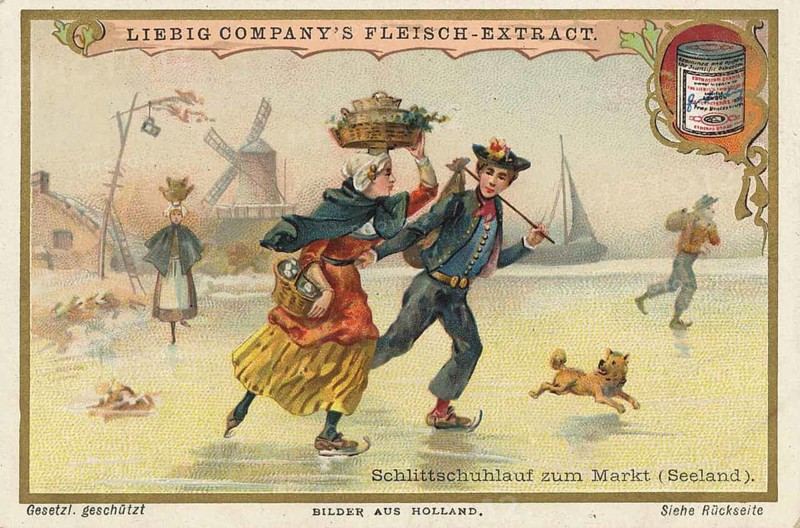 Picture series Pictures from Holland, Skating to the market in Zeeland, Liebig picture, digitally restored reproduction of a collector's picture from around 1900, public domain, exact date unknown, A couple in traditional Dutch traditional costume skating merrily on a frozen pond. Windmills and a dog can be seen
