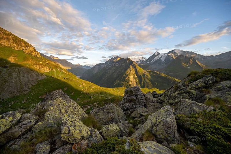 Mountain landscape at sunset at the Cabane de Louvie, summit Grand Combin de Grafeneire, Fionnay, Valais Alps, Valais, Switzerland, Europe