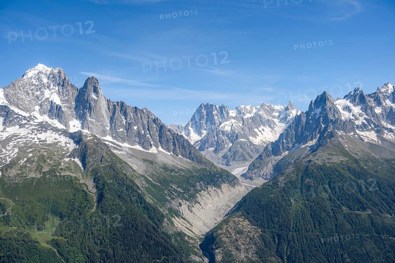 Mountain landscape with mountain peak Grandes Jorasses and glacier Mer de Glace, Mont Blanc massif, Chamonix-Mont-Blanc, Haute-Savoie, France, Europe