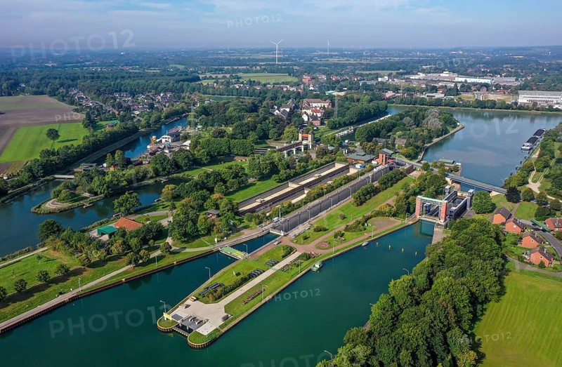Waltrop, North Rhine-Westphalia, Germany - Waltrop boat lift and lock park. The four descending structures at the junction of the Rhine-Herne Canal (rear) and the Dortmund-Ems Canal (front) are known as the Waltrop Lock Park. The new hoist at the front was decommissioned in 2005. The only lifting facility still in operation is the New Lock, which was built between the Old Shaft Lock and the New Lifting Station in 1989