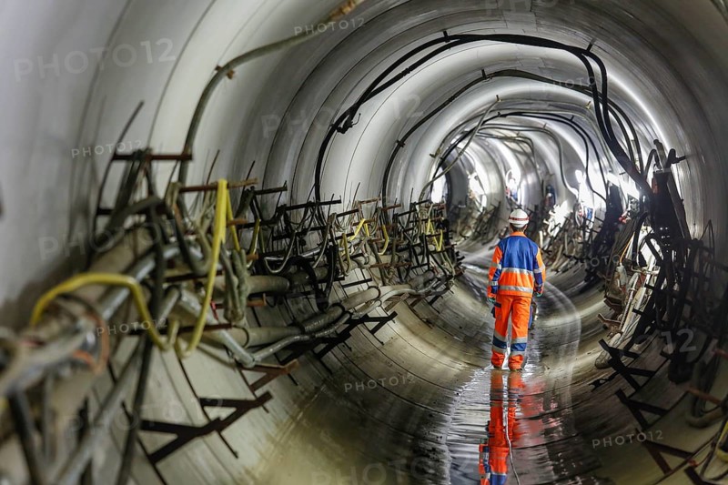 Theme photo Emscher conversion, the Emscher system will be sewage-free in 2021 - new construction of a sewer on the Boye, the second largest tributary of the Emscher, a tunneller goes through the DN 3500 tunnel, the Boye is being renaturalised, is being transformed into a near-natural body of water, was previously an open, The ecological conversion of the Emscher system consists of the construction of a central wastewater treatment system in the Ruhr area, the construction of sewers and the renaturalisation of the Emscher and its tributaries, archive photo from 13.11.2014, Bottrop, Ruhr area, North Rhine-Westphalia, Germany, Europe