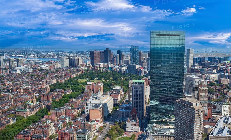 Panoramic aerial view of Boston financial district, historic center, Beacon Hill and Charles River