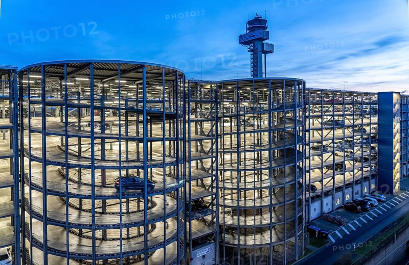 Düsseldorf Airport, German Air Traffic Control Tower, DFS, car park, North Rhine-Westphalia, Germany, Europe