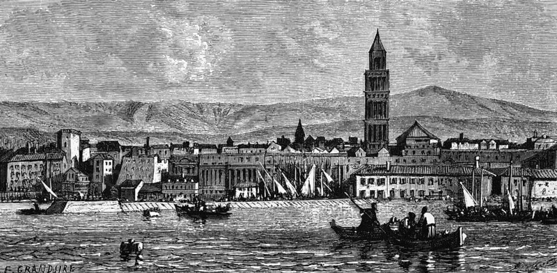 City view of Split or Spálato on the Dalmatian coast, view from the Adriatic Sea, old town, UNESCO World Heritage Site, with campanile of St. Domnius Cathedral, harbour, shore, sailing ships, rowing boats, mountain landscape, geography, Croatia, historical illustration 1888, Europe