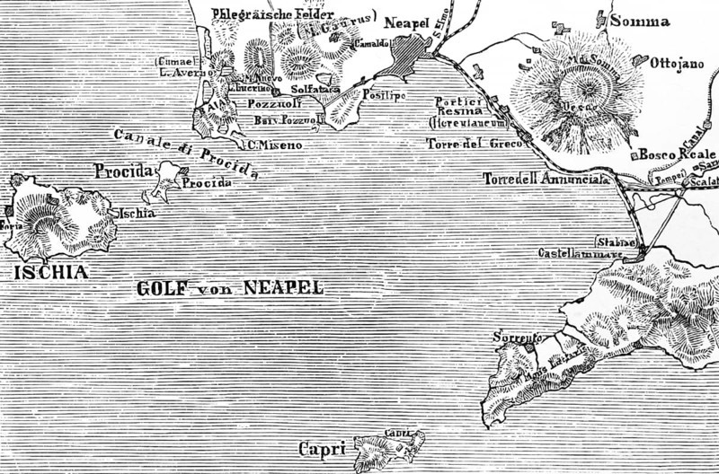 Topographic map of the Gulf of Naples with Vesuvius, islands of Capri and Ischia, geography, Italy, historical illustration 1888, Europe