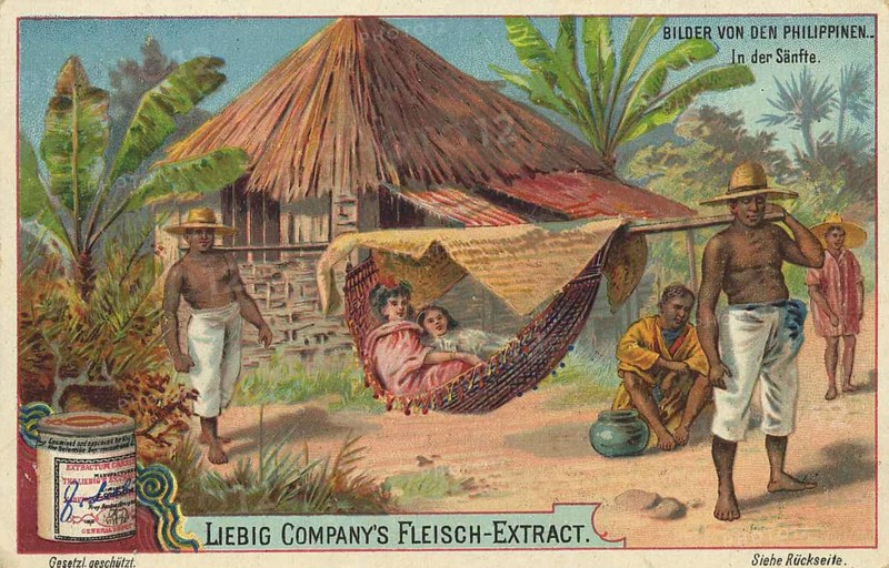 Picture series Pictures from the Philippines, in the palanquin, Liebig picture, digitally restored reproduction of a collector's picture from ca 1900, public domain, exact date unknown, A Philippine scene with a hut and people in traditional dress, relaxing in a hammock