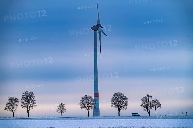 Wind farm, north of Lichtenau, self-proclaimed energy town, over 190 wind turbines and over 1200 solar panels generate 10 times as much electricity as the community of 11, 900 inhabitants consumes, largest onshore cluster of wind turbines in Germany, winter, slightly snow-covered landscape, North Rhine-Westphalia, Germany, Europe