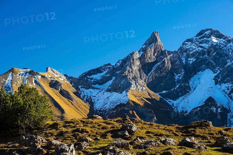 Panorama of Lake Gugger See, central main ridge of the Allgäu Alps, Allgäu, Bavaria, Germany, Europe