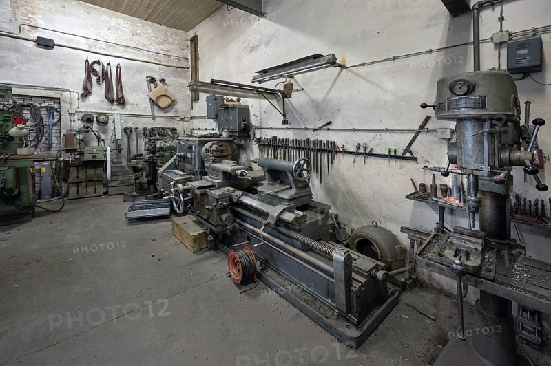 Workshop with large lathe in a metal powder mill, founded in 1900, Igensdorf, Upper Franconia, Bavaria, Germany, Europe
