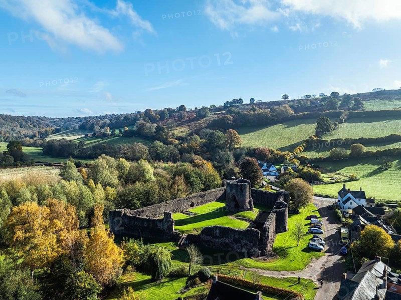 Skenfrith Castle from a drone, Monmouthshire, Wales, England, United Kingdom, Europe