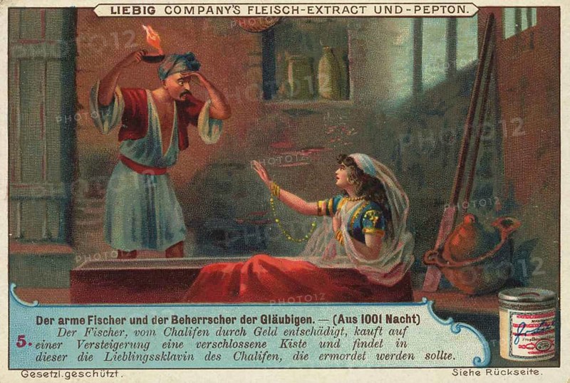 Picture series Fairytale scenes from 1001 Nights, the poor fisherman and the ruler of the believers, the fisherman buys a chest at an auction and finds the Khalifa's favourite slave in it, Liebig picture, digitally restored reproduction of a collector's picture from around 1900, public domain, exact date unknown, A fisherman shows a treasure chest in an oriental room to a caliph and a woman