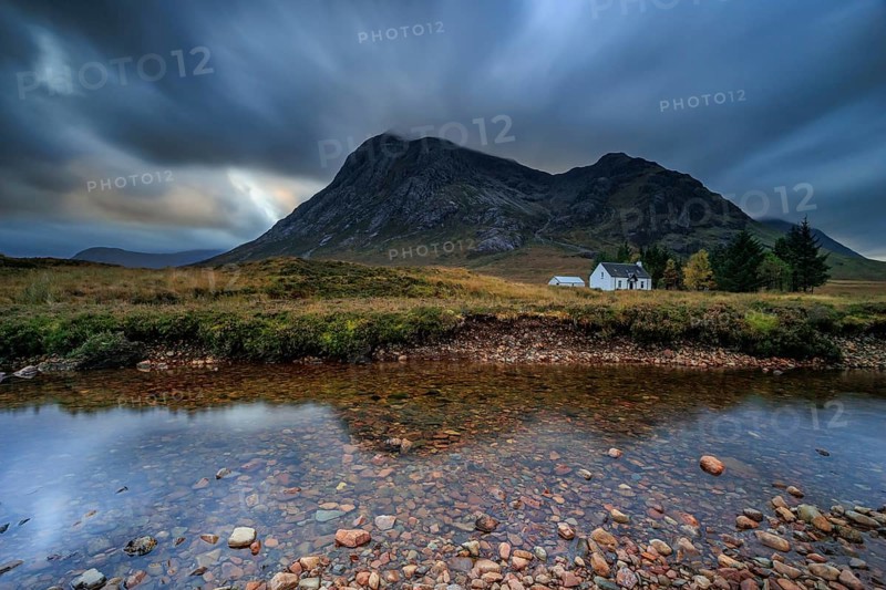 Wild river, cloudy mood, hut, cottage, long exposure, autumn, mountains, Lagangarbh Cottage, Buachaille Etive Mòr, Glencoe, Scottish Highlands, Scotland, Great Britain