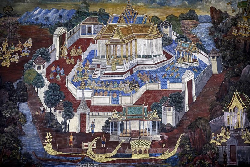 Mural painting in Wat Phra Kaew, Temple of the Emerald Buddha, Bangkok, Thailand, Asia
