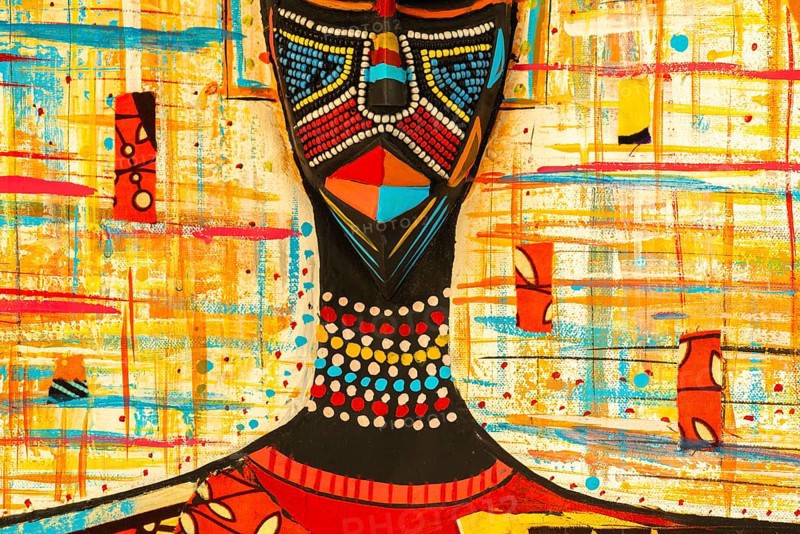 Ghanaian woman as a three-dimensional work of art by a Ghanaian artist, a colourful work of art on canvas, upper part with abstract painting, face mask with artificial pearls, dress made of individual textiles, Ghana, Africa