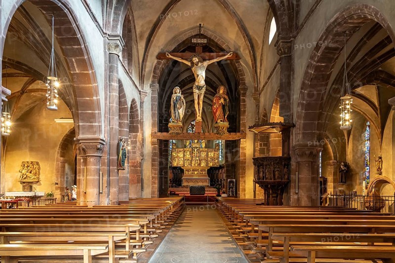Interior of the Church of the Holy Cross Invention-de-la-Sainte-Croix in Kaysersberg, Alsace, France, Europe