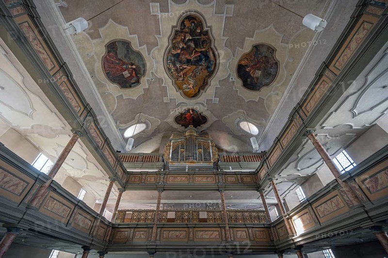 Organ loft, organ built in 1783 by Elias Hößler, Protestant town church of St. Maria, baroqueised in the 18th century, Hersbruck, Middle Franconia, Bavaria, Germany, Europe