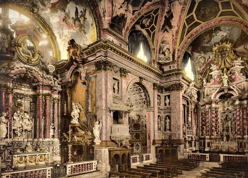 Interior view of Santa Maria di Nazareth, a Roman Catholic Carmelite church. It is also called Church of the Scalzi, Chiesa degli Scalzi, Venice, Italy, Historic, digitally restored reproduction from a 19th century original, recording date unknown, Interior Santa Maria di Nazareth, a Roman Catholic Carmelite. It is also called Church of the Scalzi, Venice, Italy, Historic, digitally restored reproduction from a 19th century original, Record date not stated, Europe