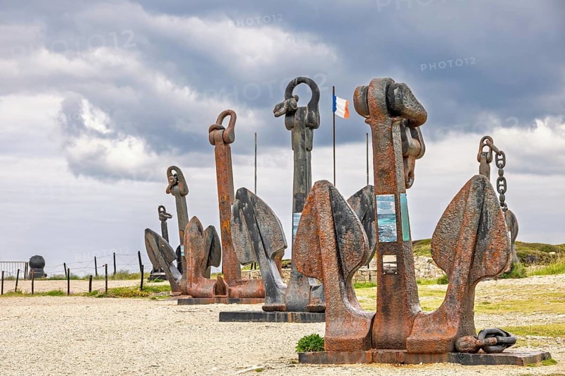 Parade of anchors from old French navy ships at the Memorial Museum to the Battle of the Atlantic at Pointe de Pen Hir, Camaret, Crozon peninsula, Bretagne, France, Europe
