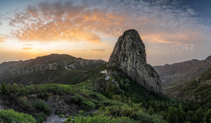 Roque de Agando rock tower at sunrise, Monumento Natural de los Roques, La Gomera, Canary Islands, Spain, Europe