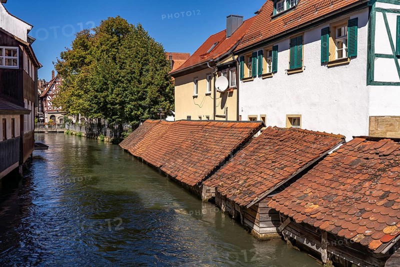 Wooden fish boxes on the Wiesent in Forchheim, Upper Franconia, Bavaria, Germany, Europe