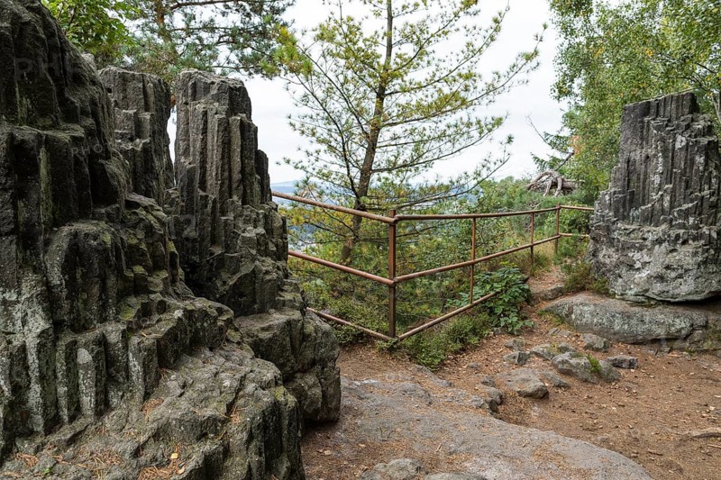 Large and small organ rock formation on the nature trail through the millstone quarries near Jonsdorf, Zittau Mountains, Saxony, Germany, Europe