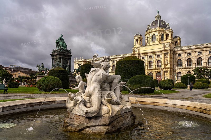 Fountain on Maria-Theresien-Platz and the Natural History Museum in ViennaAustria