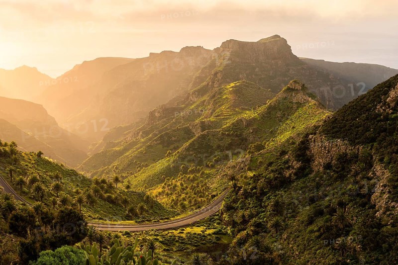 View of the Barranco Juan de Vera in the morning at the golden hour. Near Mirador Degollada de Peraza. Mountains, palm trees, rocks, a road and the sea. La Gomera, Canary Islands, Spain, Europe