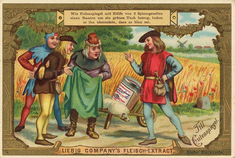 Picture series German fairy tales, Till Eulenspiegel, Liebig picture, digitally restored reproduction of a collector's picture from around 1900, public domain, exact date unknown, Till Eulenspiegel making fun of peasants in a field scene with mirror illusions