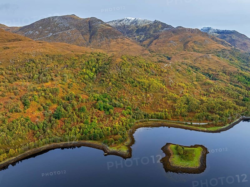 Fjord, coast, mountain landscape, reflection, island, autumn, aerial view, Loch Leven, Scotland, Great Britain