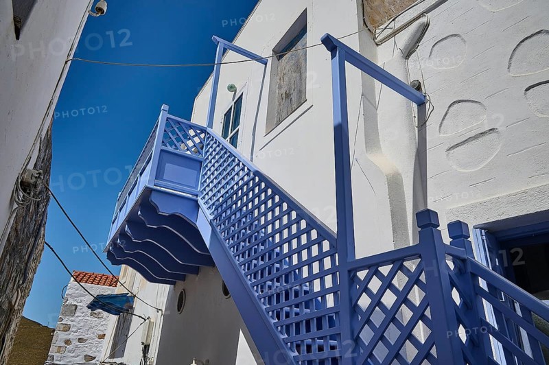 White buildings with blue staircase and clear sky, Chora, Astypalea, Dodecanese, Greek Islands, Greece, Europe