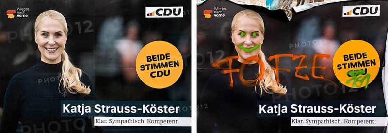 Comparison of two large posters for the 2025 federal election by the CDU with Katja Strauss-Köster, Verungliimpfung, Witten, Germany, Europe