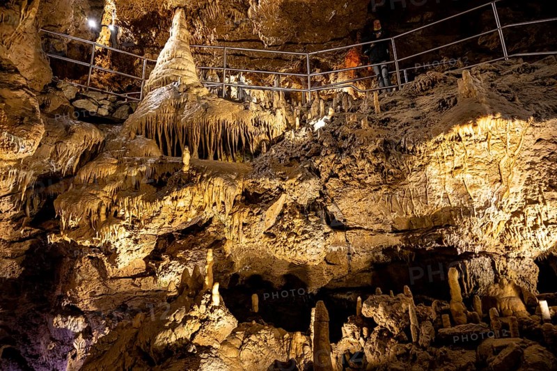 Stalagmites and stalactites in a cave, Devil's Cave Pottenstein, Franconian Switzerland, Franconia, Bavaria, Germany, Europe