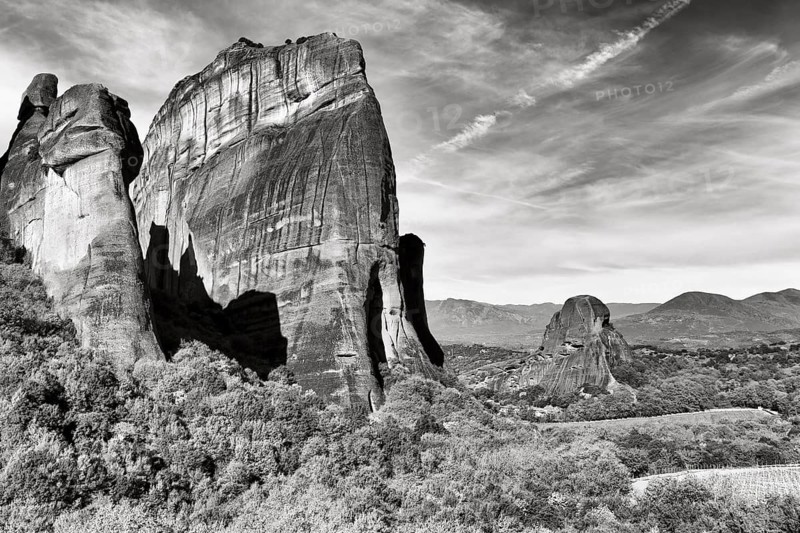Rock needles, sandstone formations, Meteora, monochrome, Thessaly, Greece, Europe