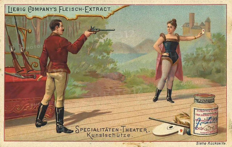 Picture series specialities theatre, art shooter, Liebig picture, digitally restored reproduction of a collector's picture from around 1900, public domain, exact date unknown, A shooter aims at an assistant holding a target. Circus atmosphere in nostalgic style