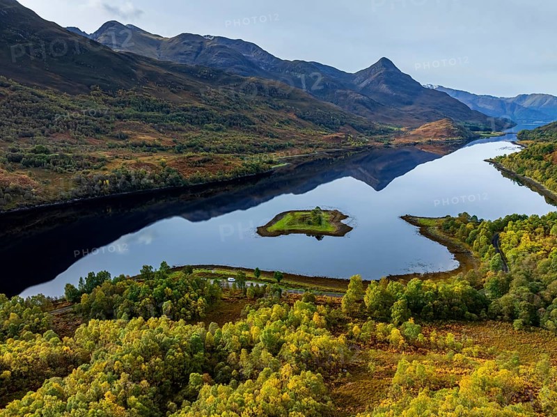 Fjord, coast, mountain landscape, reflection, island, autumn, autumn colours, aerial view, Loch Leven, Scotland, Great Britain
