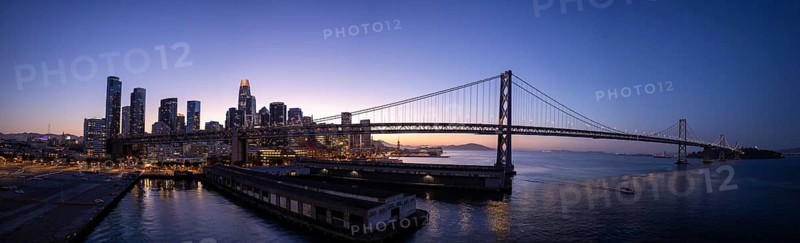 Panoramic San Francisco financial district skyline in city downtown near Oakland Bay Bridge