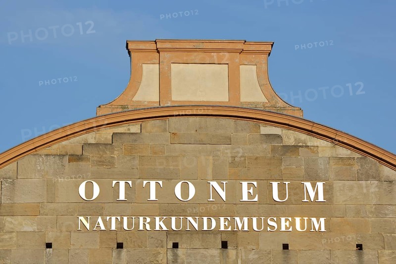 Roof with golden illuminated inscription from the baroque Ottoneum built in 1606, Museum of Natural History, golden, illuminated, illuminated inscription, gable, Kassel, Hesse, Germany, Europe